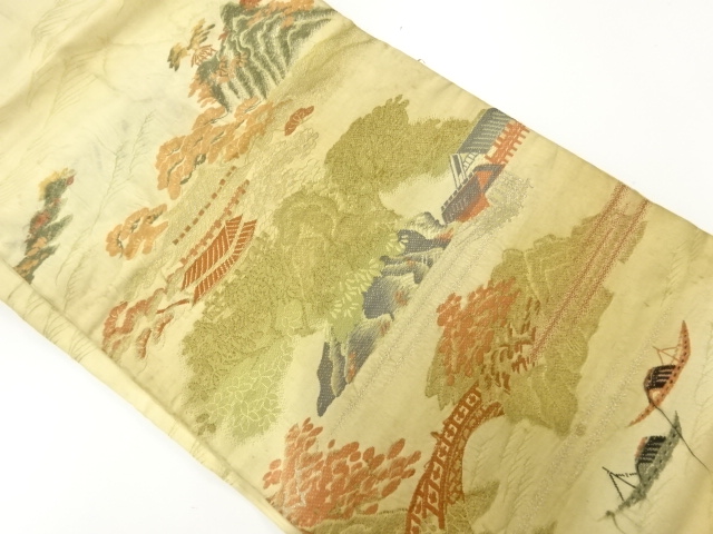 アンティーク　樹木に屋敷風景模様織出し名古屋帯（材料）